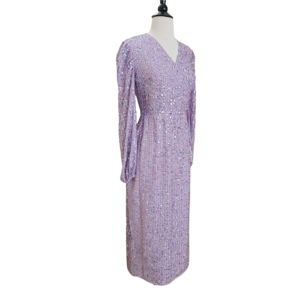 Mac Duggal 107641 Sequin Lavender Purple V Neck Long Sleeve Midi Dress 4 Gown - Picture 6 of 12